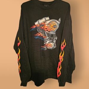 Vintage Harley-Davidson Black Long Sleeve with Engine and Flame Design